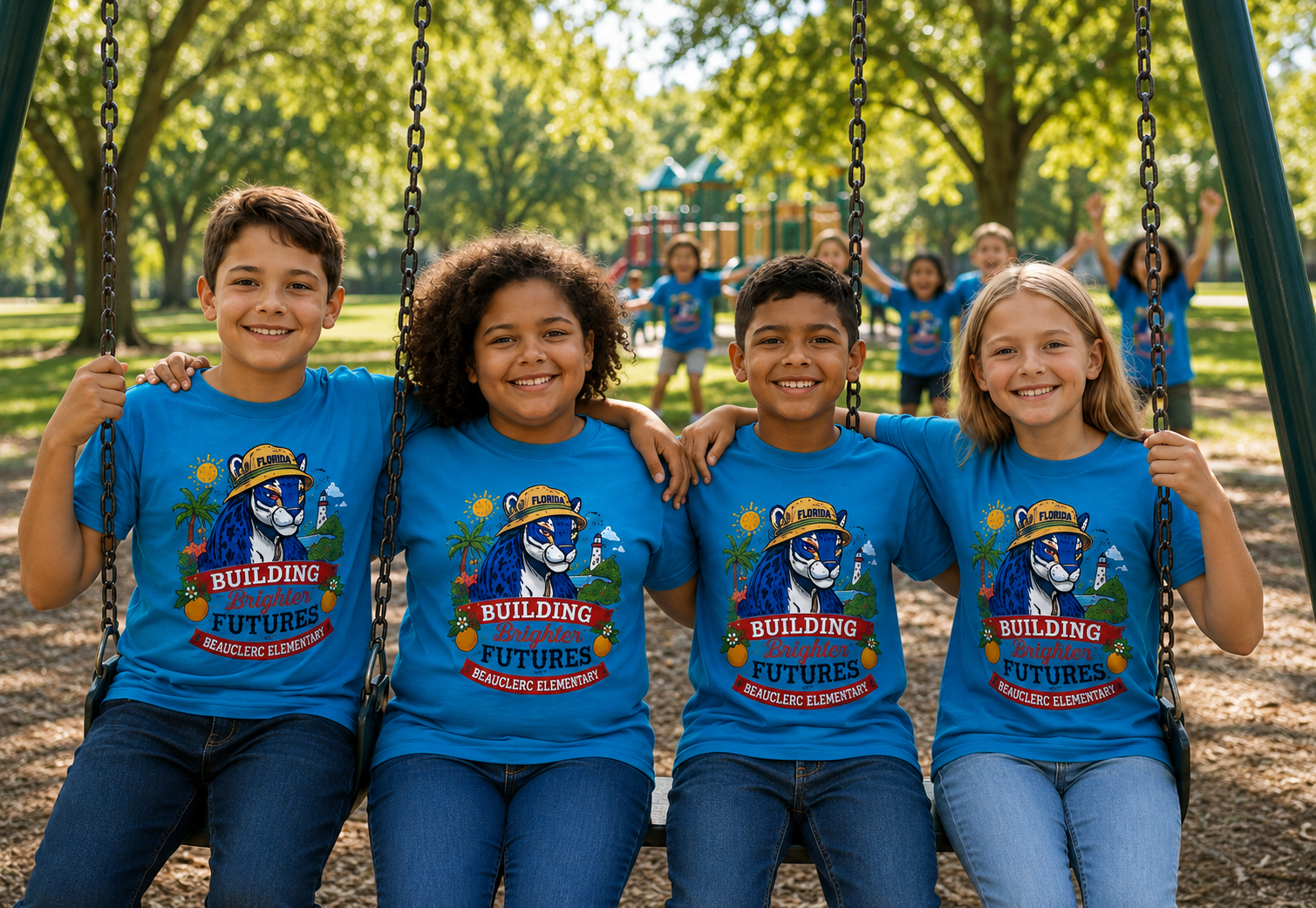 Beauclerc Elementary students wearing the royal blue Building Brighter Futures fundraiser shirts on a park swing set