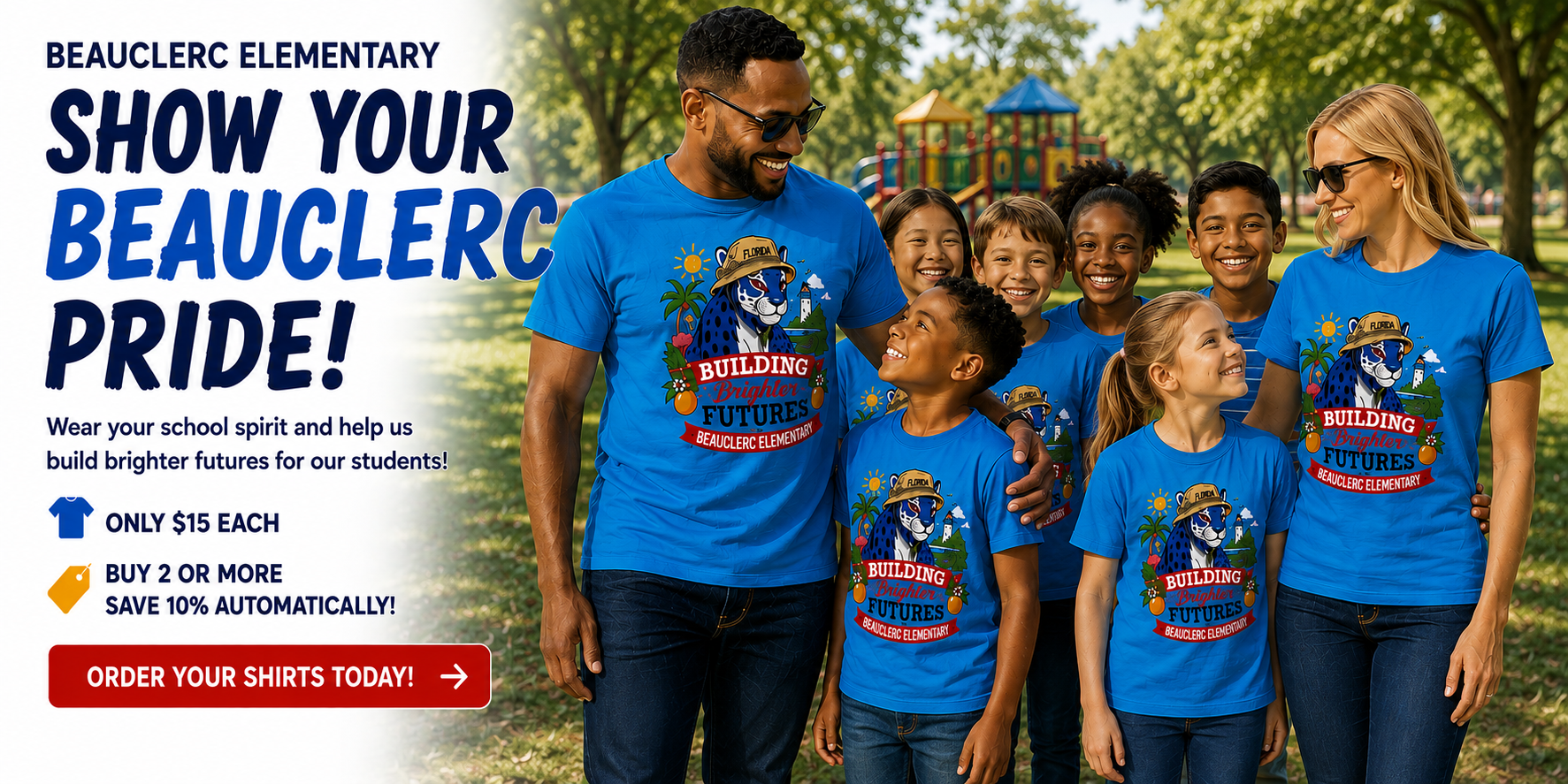 Families and students wearing Beauclerc Elementary Building Brighter Futures fundraiser shirts at the park